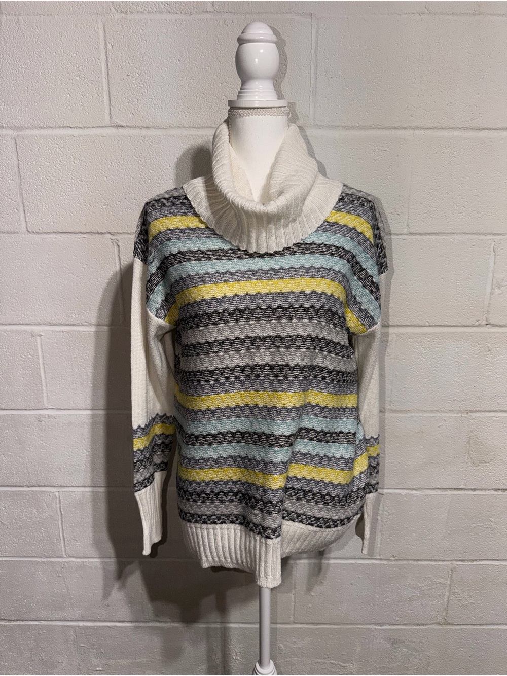 Maurices Cream Cowl Neck Sweater with Yellow, Gray & Light Blue Stripes